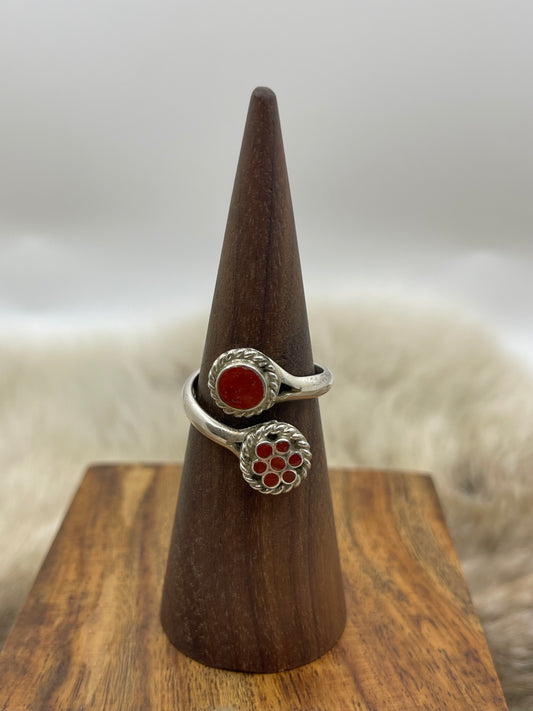 Adjustable 7.0-12.0 Red Coral Ring By Devin Quam, Zuni