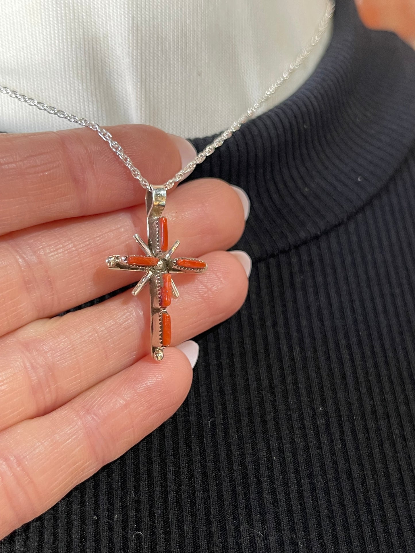 16" Red Coral Inlay Cross Necklace by Jill Peywa, Zuni