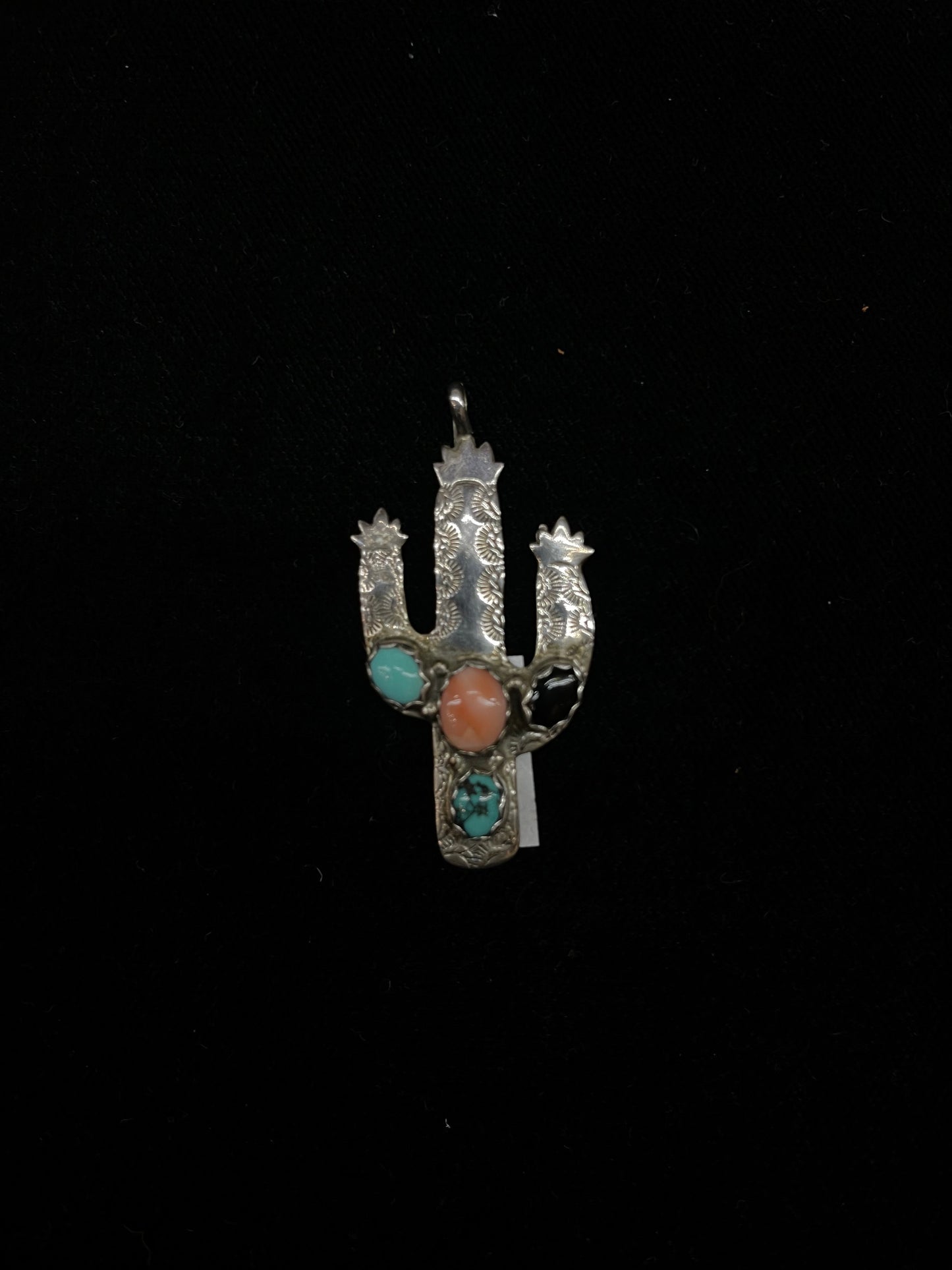 Vintage Black Onyx, Pink Conch Shell, and Turquoise Cactus Pendant and Earrings Set