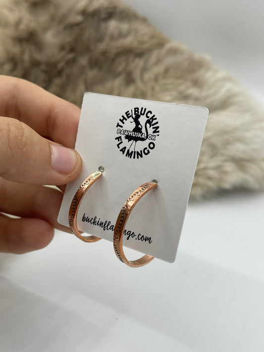 Copper Stamped Post Hoop Earrings by Elaine Tahe, Navajo