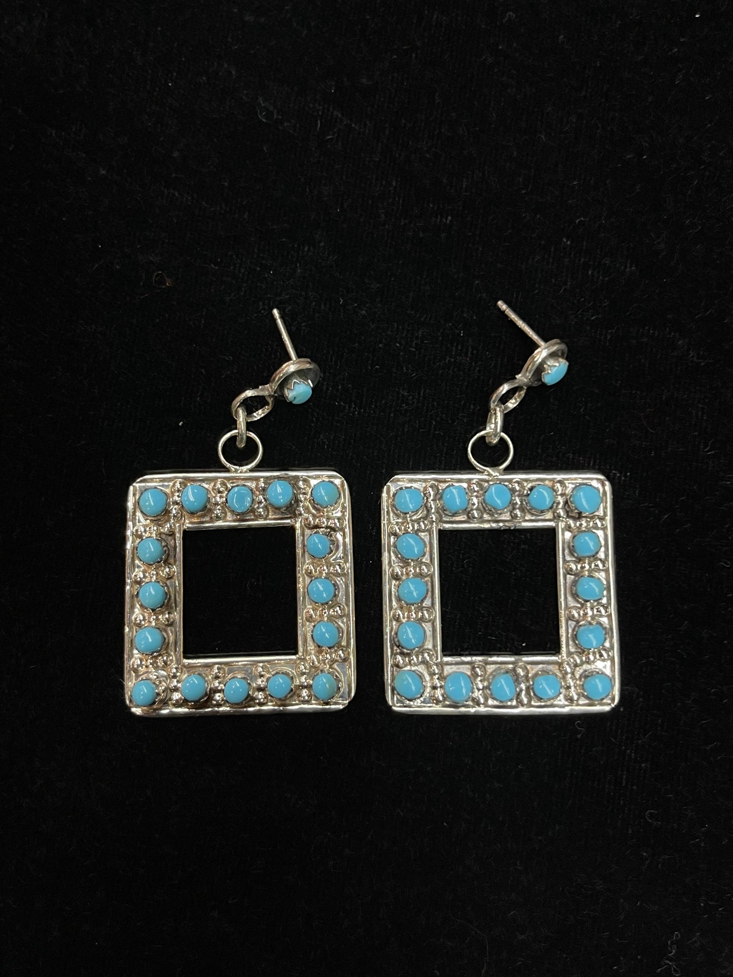 Turquoise Post Dangle Square Earrings by Marion Quam, Zuni