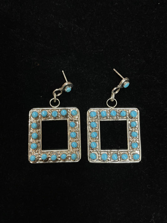 Turquoise Post Dangle Square Earrings by Marion Quam, Zuni