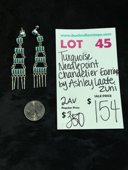LOT 45 8/9 Tuquoise Needlepoint Chandelier Earring by Ashley Laate, Zuni