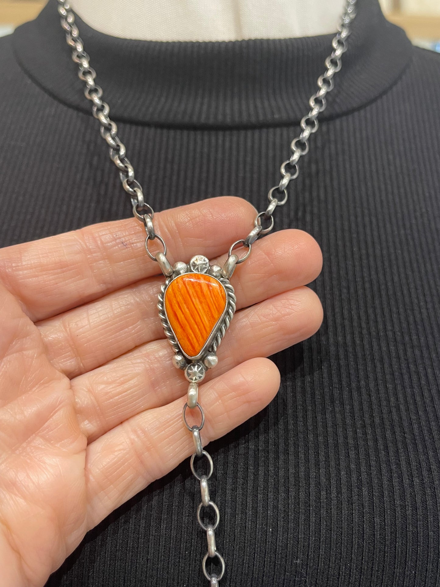 20" + 9" Drop Orange Spiny Oyster Necklace by Augustine Largo, Navajo