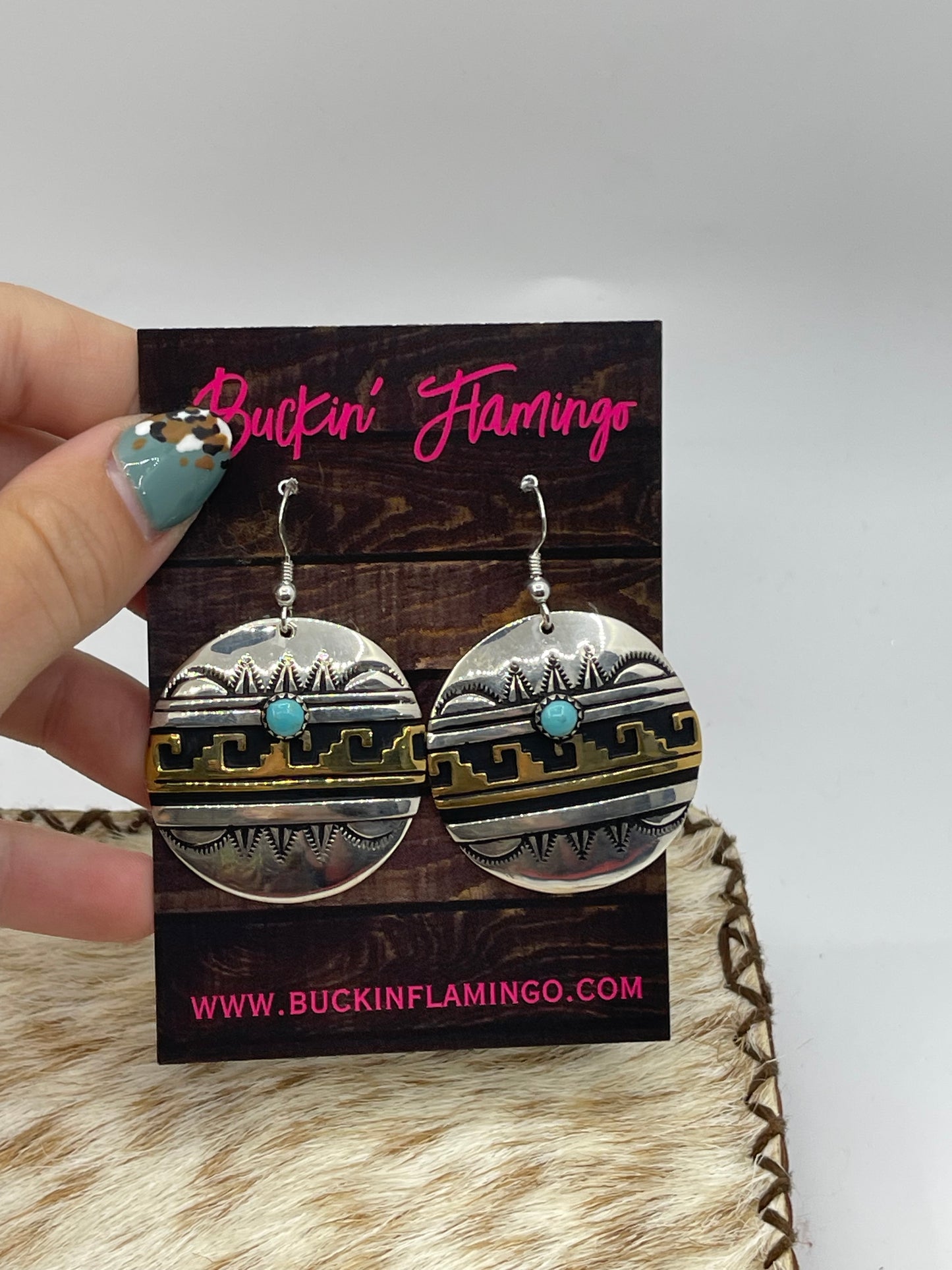 Circle Brass and Silver Turquoise Dangle Earrings by Tommy and Rose Singer, Navajo