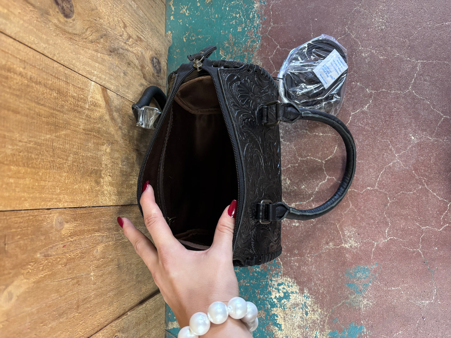 Small Black Flower Tooled Leather Crossbody Speedy Bag Purse