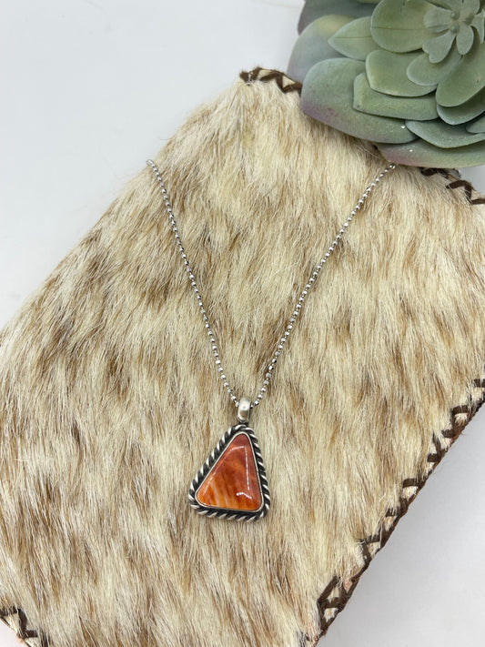 18"+3" Orange Spiny Oyster Shell Triangle Necklace by Johnny Dixon, Navajo