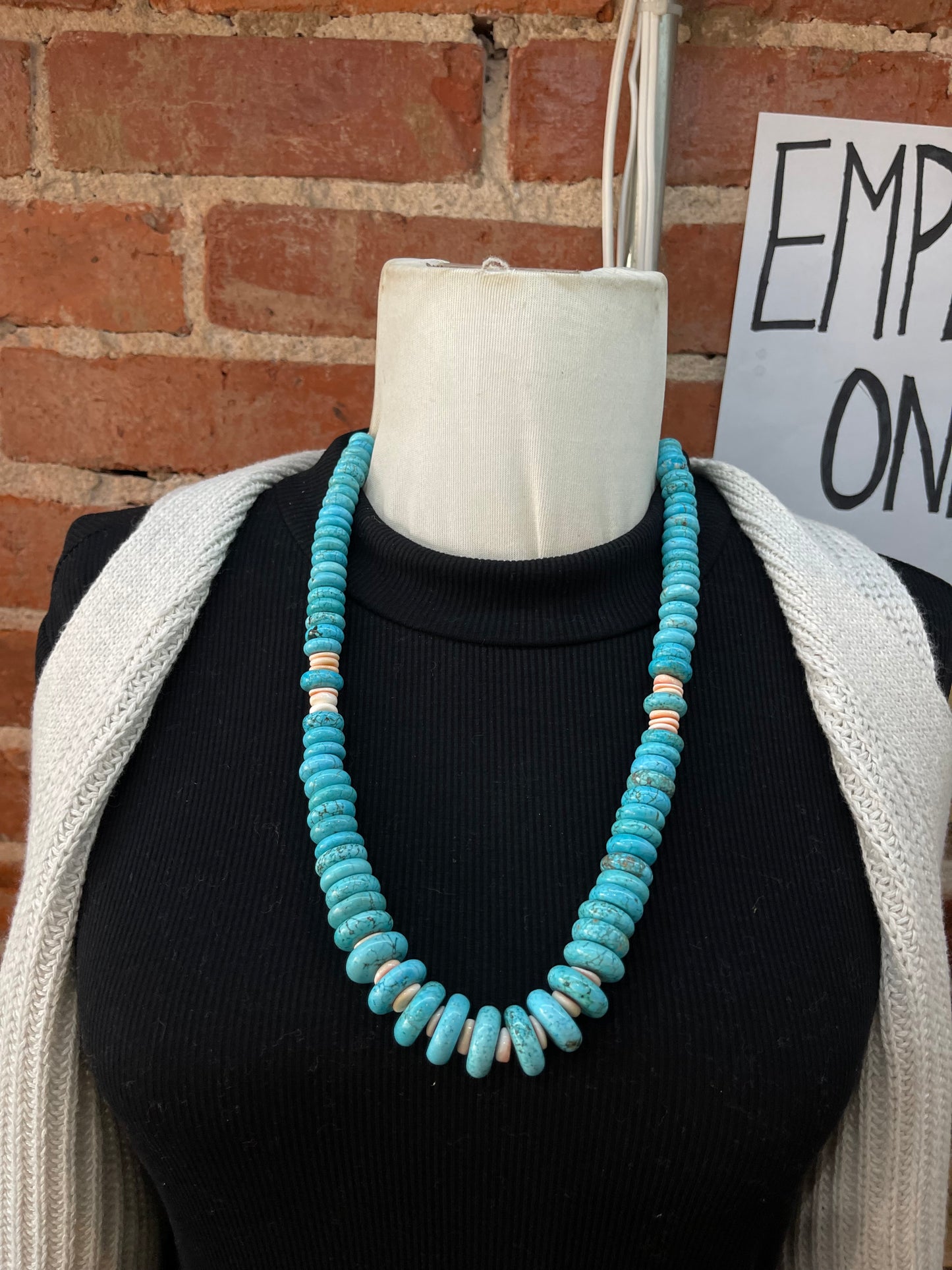 24" Vintage Blue Graduated Turquoise and Pink Conch Shell Necklace