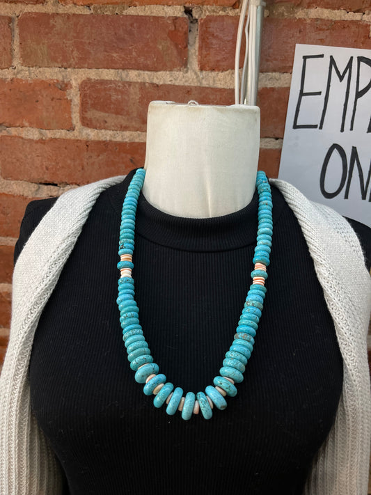 24" Vintage Blue Graduated Turquoise and Pink Conch Shell Necklace