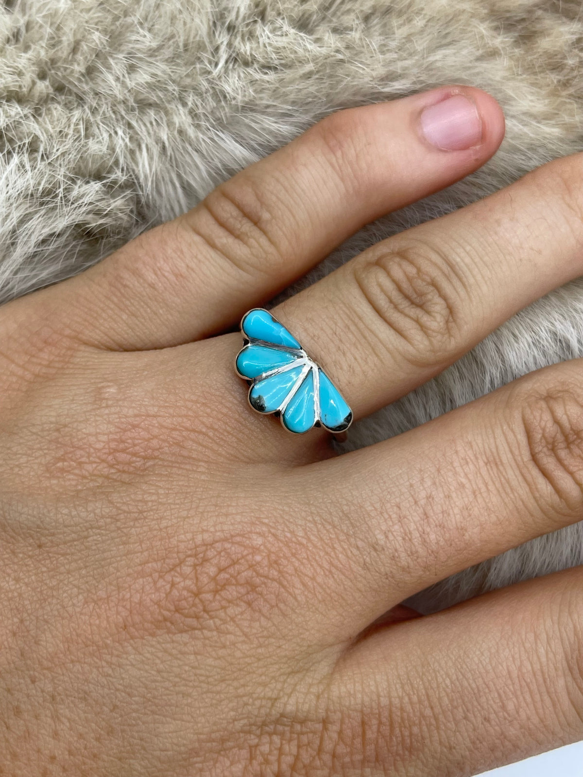 8.0 Half Cluster Inlay Turquoise Ring by Velda Nastacio, Zuni