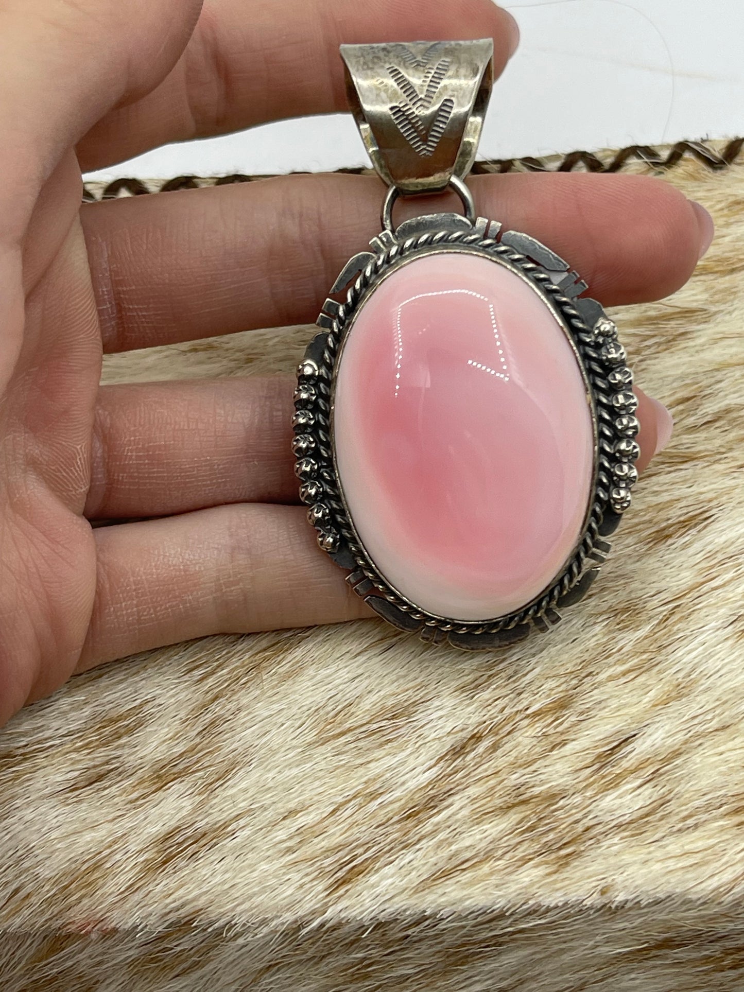 Pink Conch Shell Oval Pendant with a 13mm Bale by John Nelson, Navajo