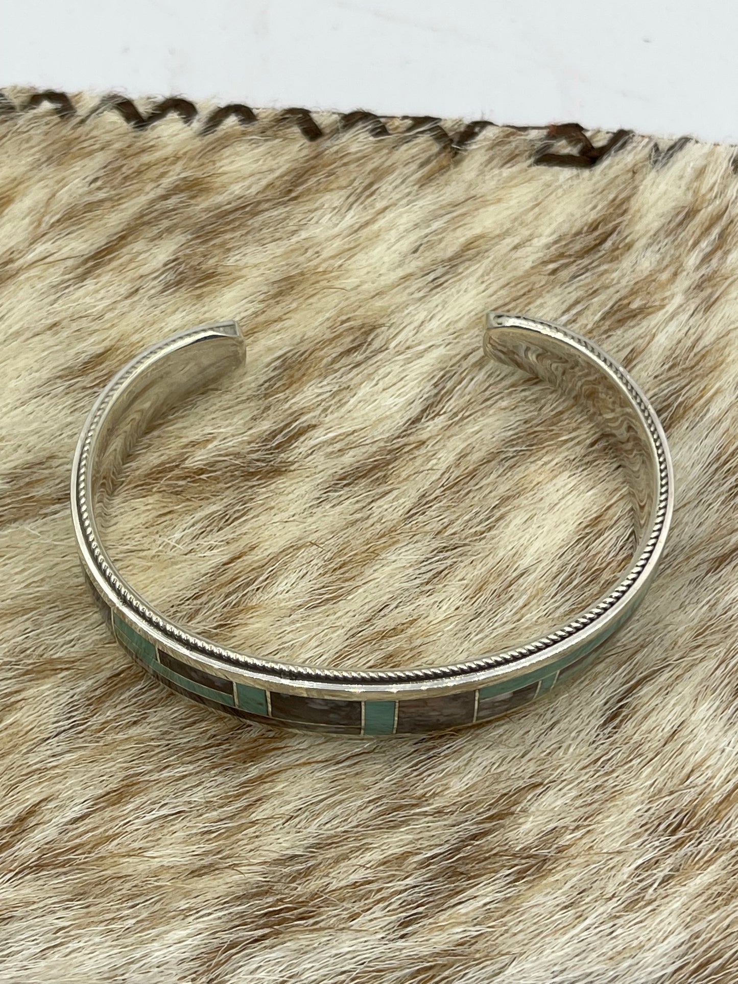 6 1/4" Wild Horse and Turquoise Inlay Cuff by Glendova Booqua, Zuni
