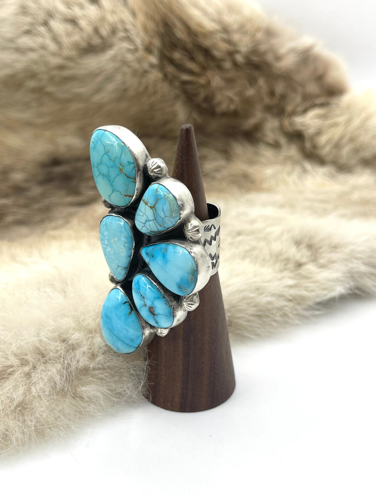 Adjustable (6.0-10.0) High Grade Kingman Turquoise Half Cluster Ring by Thompson Piaso, Navajo