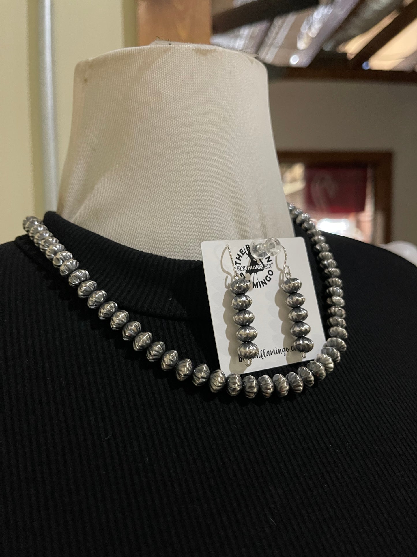 20" 8mm Handmade Navajo Pearls Necklace and Dangle Earrings Set by Crystal Hailey, Navajo