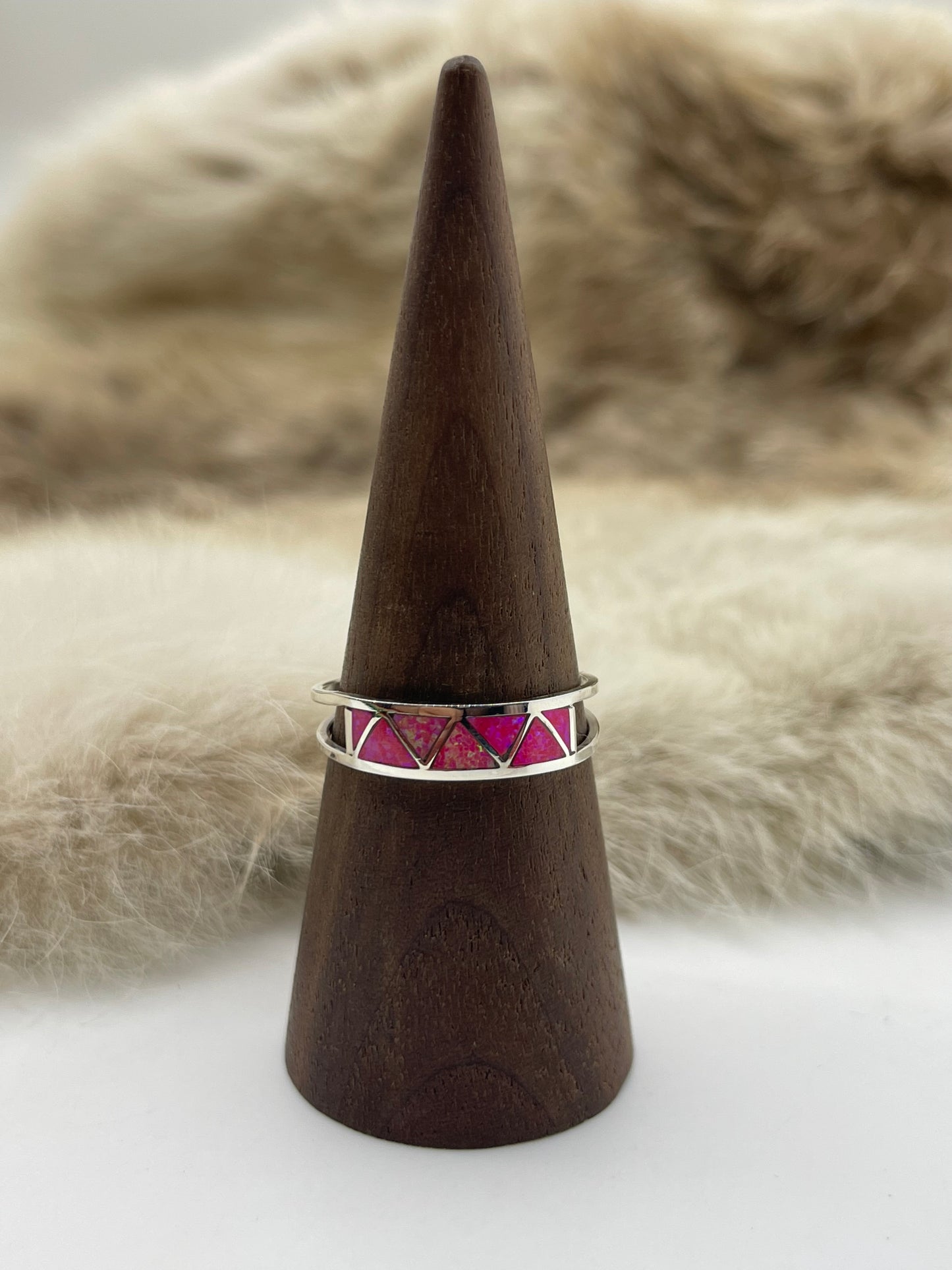 10.5 Hot Pink Opal Zigzag Inlay Band by Joann Peinas, Zuni