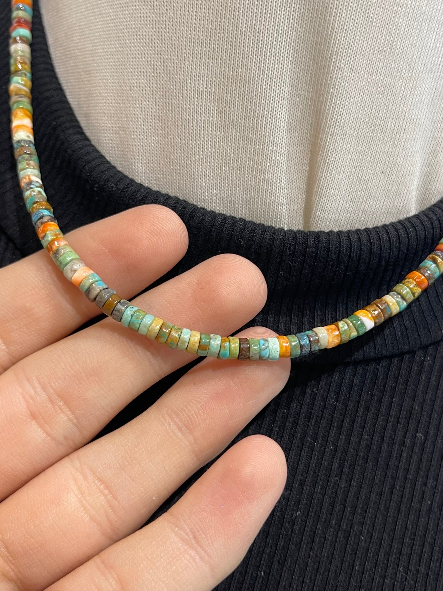 17" Turquoise & Spiny Oyster Heishi Bead Necklace by Tammy Nolcott, Navajo