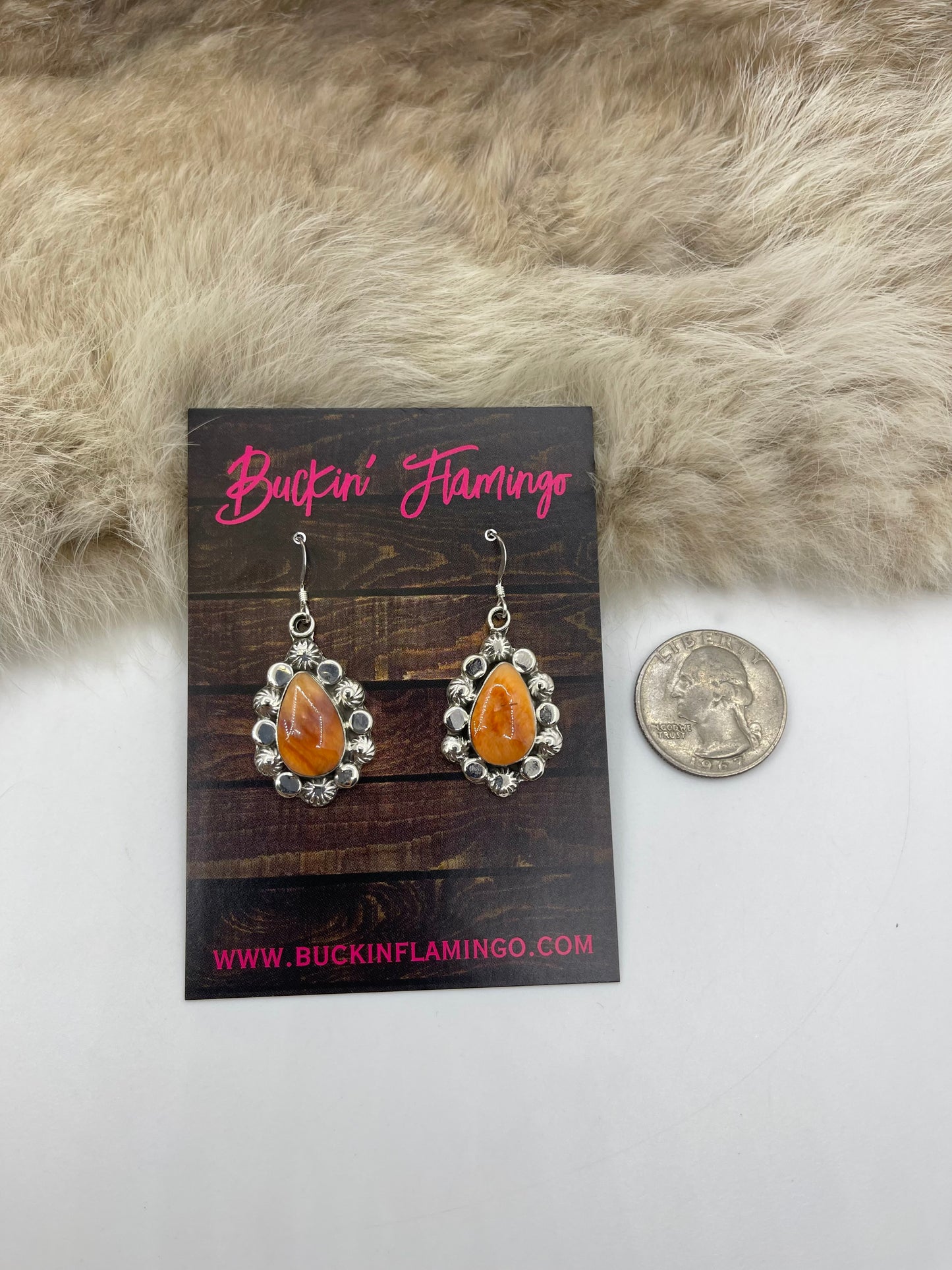 Orange Spiny Oyster Teardrop Earrings by Sheena Jack, Navajo