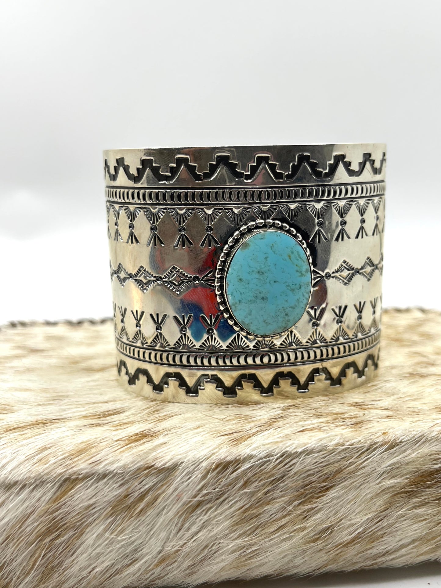 7" Silver Overlay Turquoise Cuff by Jennifer Cayaditto, Navajo