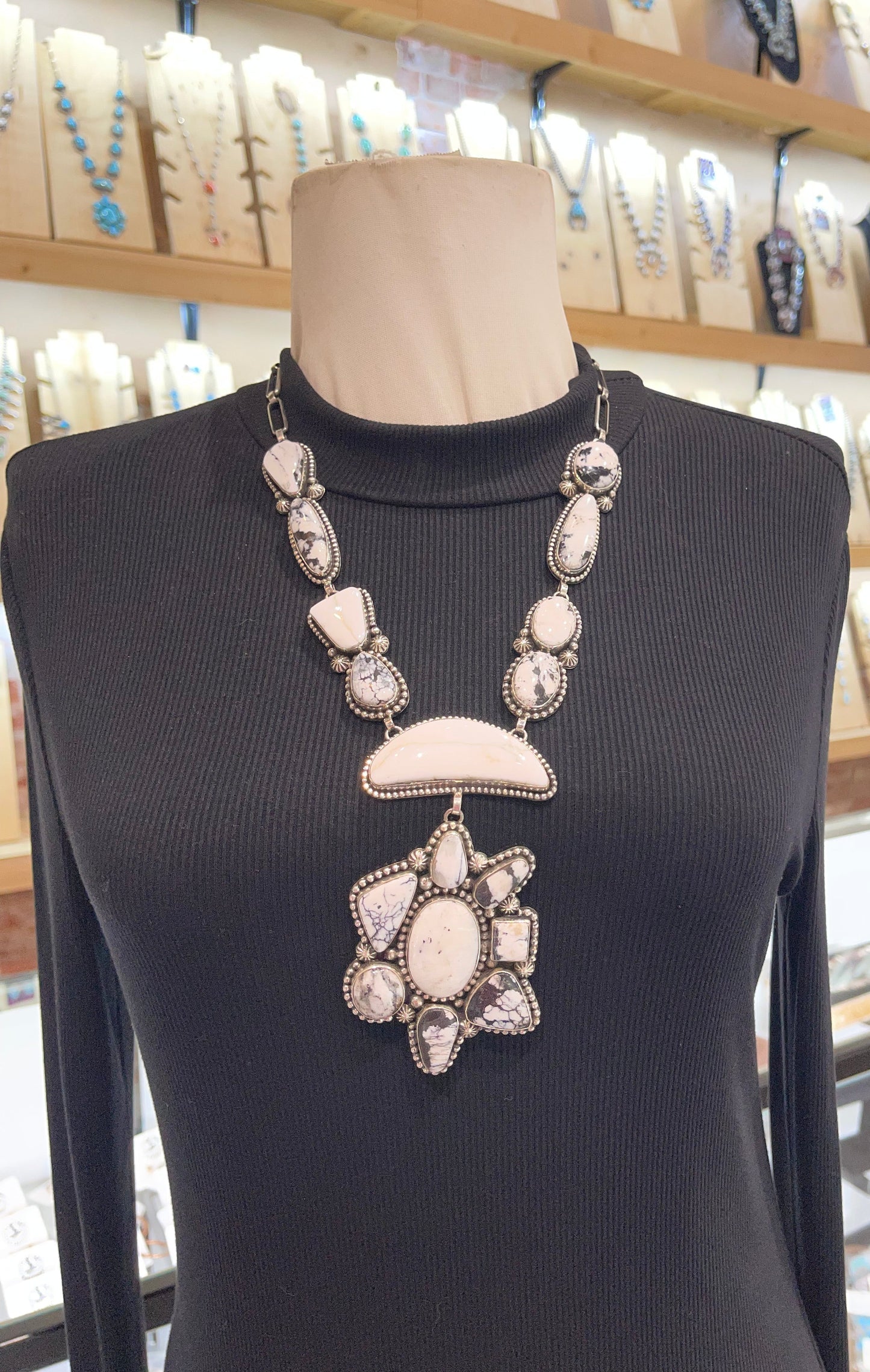 22”+4.5” White Buffalo Cluster Necklace & Earring Set by Mary Ellen Pease, Navajo