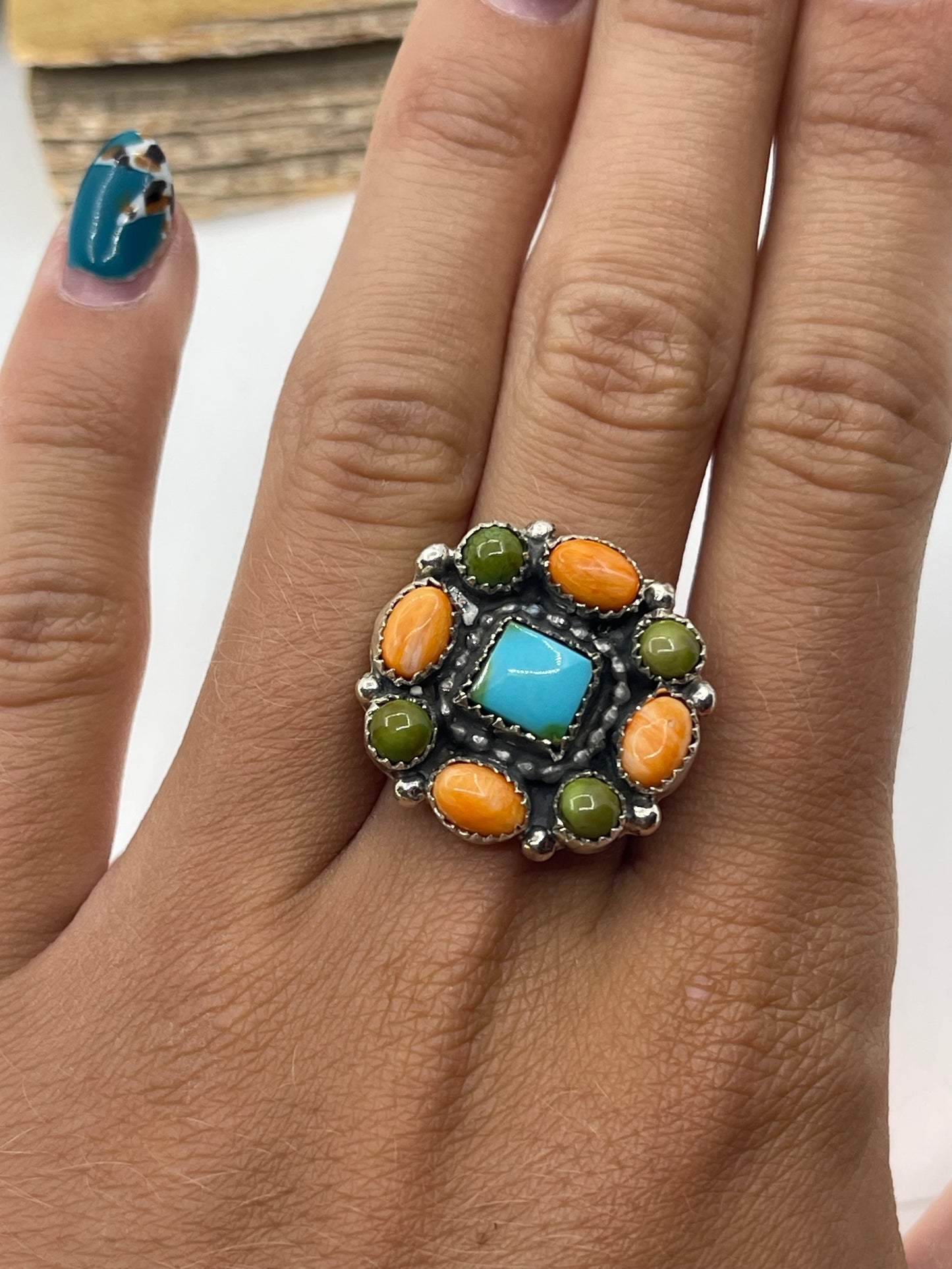 8.0 Turquoise and Spiny Oyster Shell Cluster Ring, Navajo Made