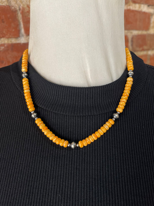 18" 6mm Orange Spiny Oyster and Navajo Pearls Necklace