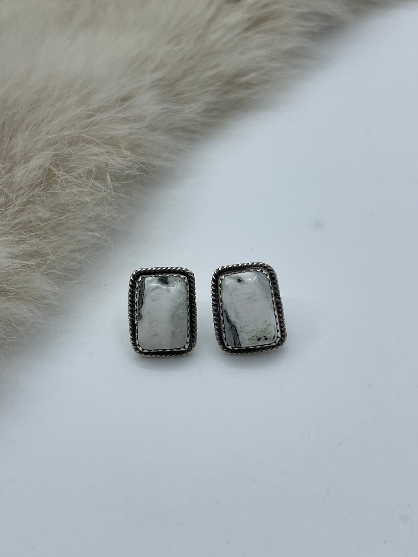White Buffalo Post at Top Earrings by Virginia Becenti, Navajo