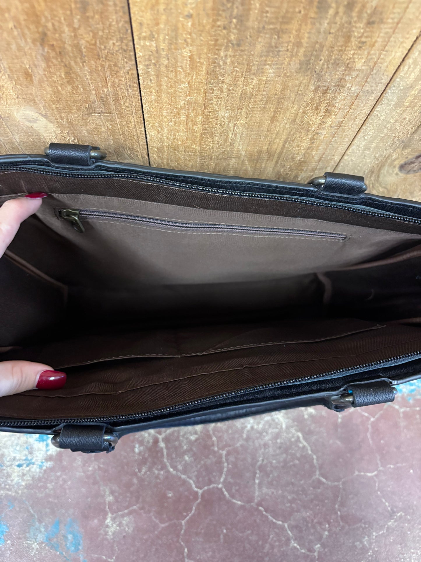 Black and White Cowhide Turquoise Tooled Leather Purse