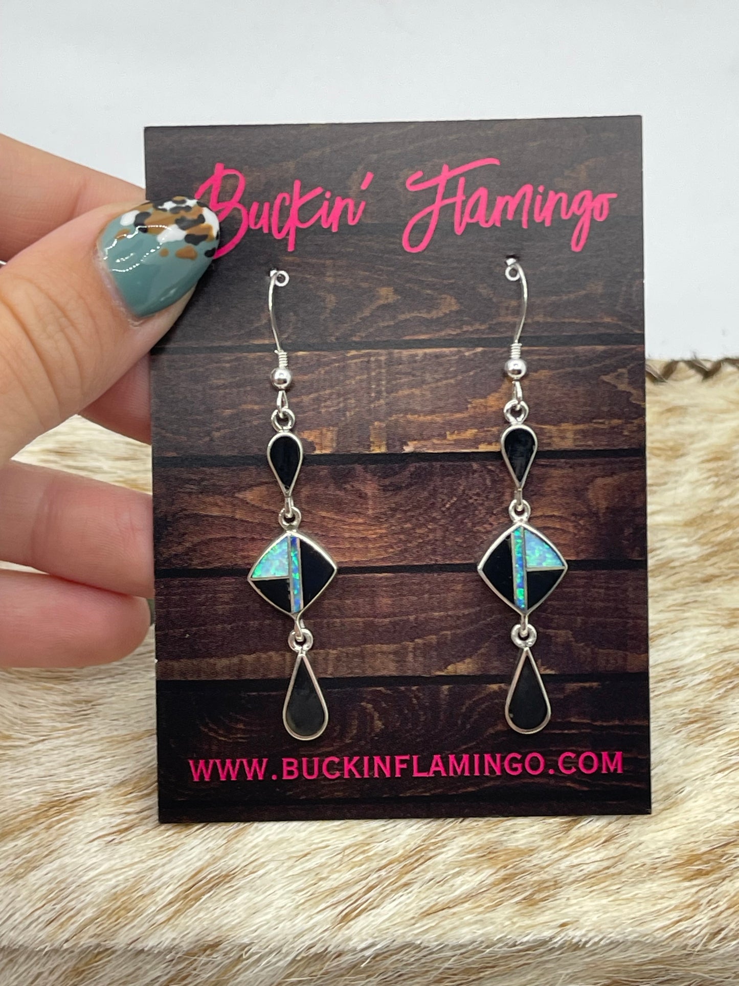 White Opal and Black Onyx Dangle Earrings by James Manygoats, Navajo