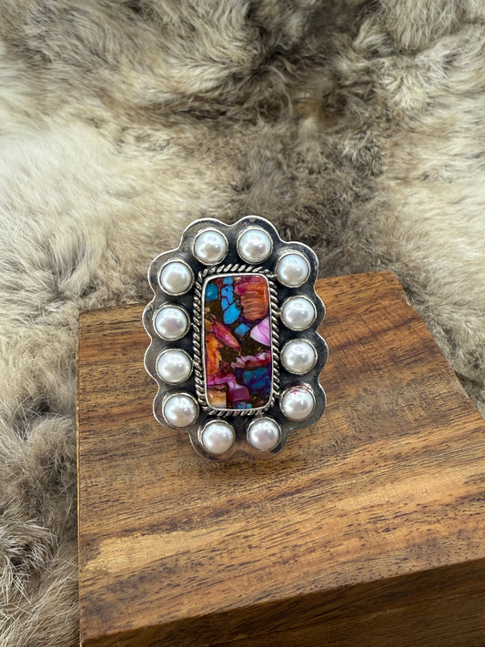 Pink Dahlia & Fresh Water Pearls Adjustable Ring