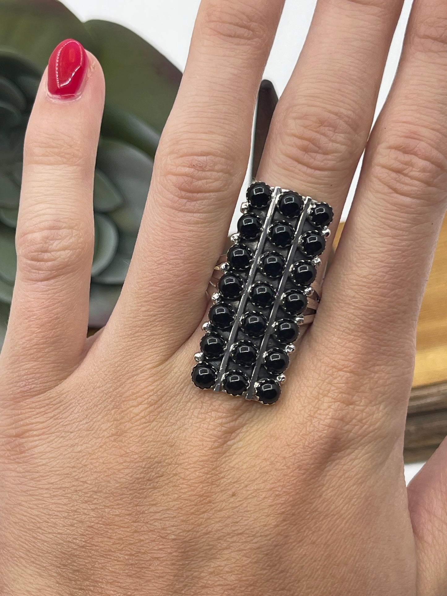 9.0 21 Stone Black Onyx Ring by Kenny Lonjose, Navajo