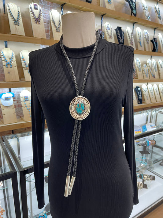 Apache Blue Turquoise Bolo Tie by Leonard Nez, Navajo