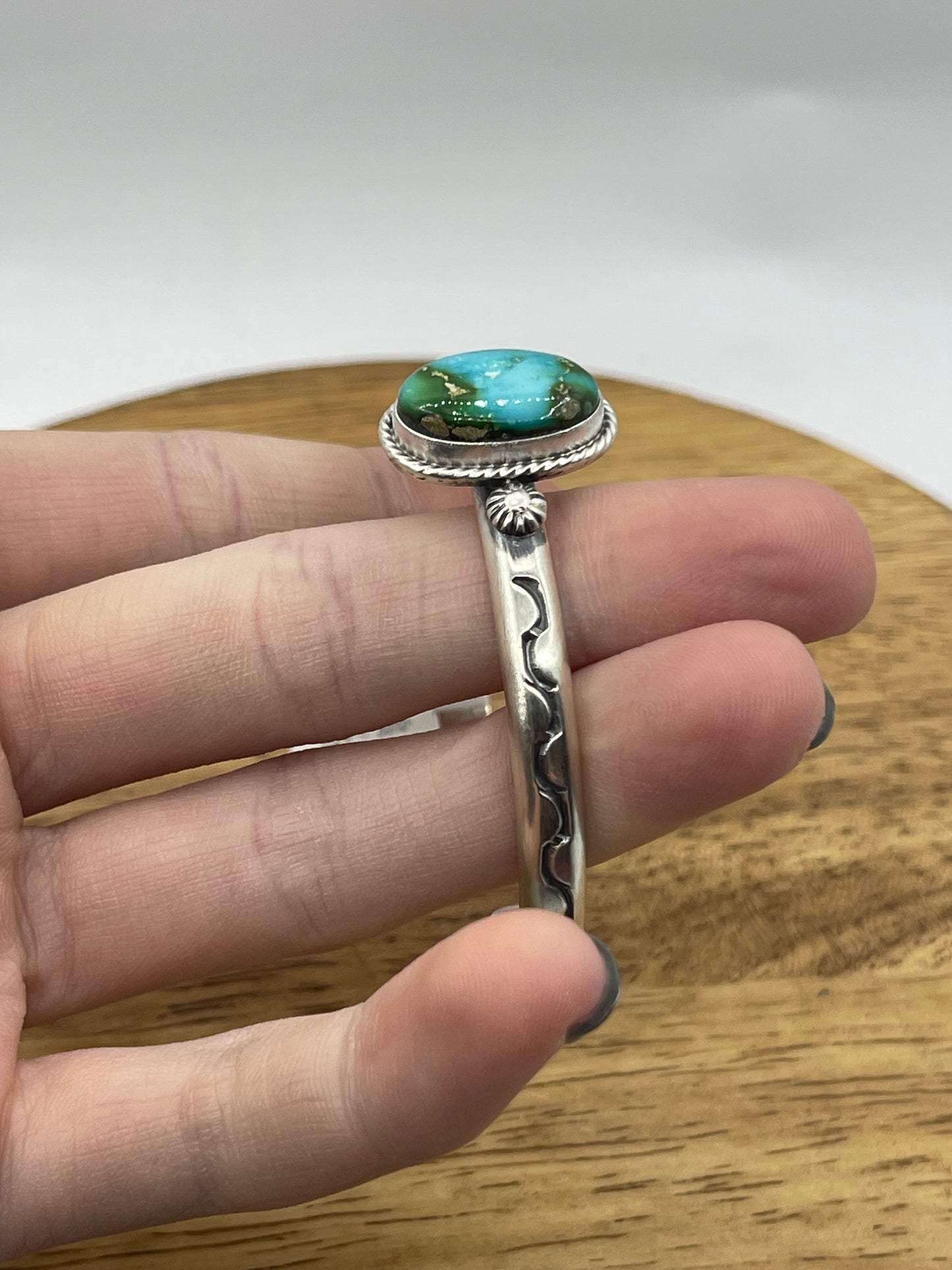 5.25" - 7" Sonoran Gold Turquoise Stamped Cuff by Samuel Yellowhair, Navajo