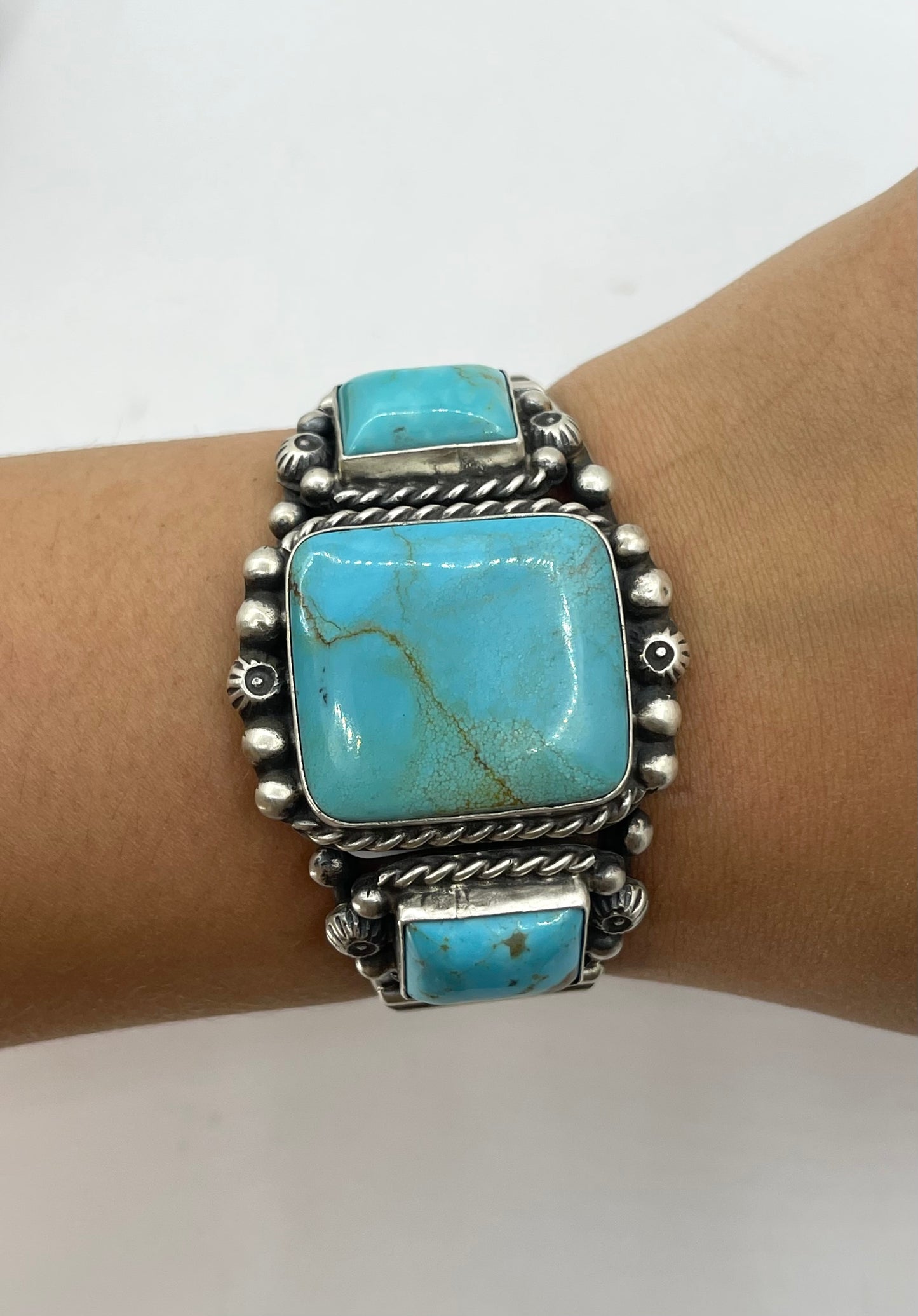 5 3/4"-7 1/4" Kingman Turquoise 3 Stone Square Cuff by Augustine Largo, Navajo
