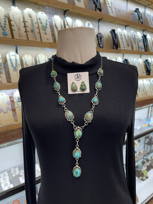26" + 4.5" Drop Sonoran Gold Turquoise Lariat & Earring Set by Elouise Kee, Navajo