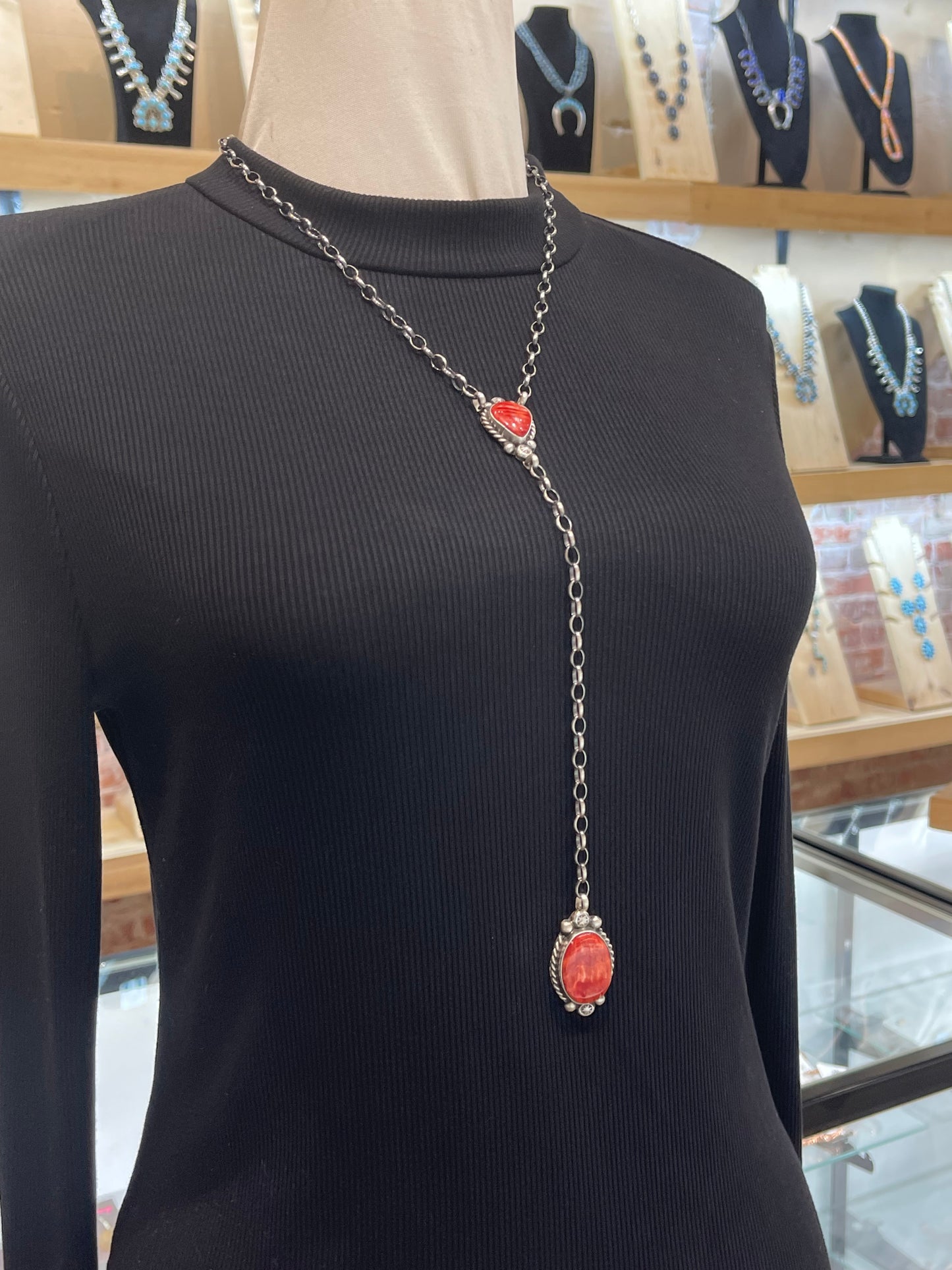 20" + 9" Red Spiny Oyster Necklace by Augustine Largo, Navajo