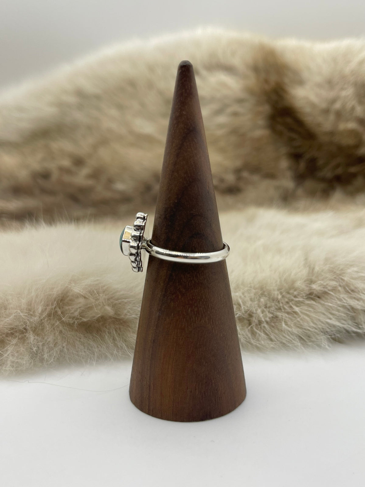 8.0 Turquoise Square Ring with Silver Dot Border by Myra Benally, Navajo