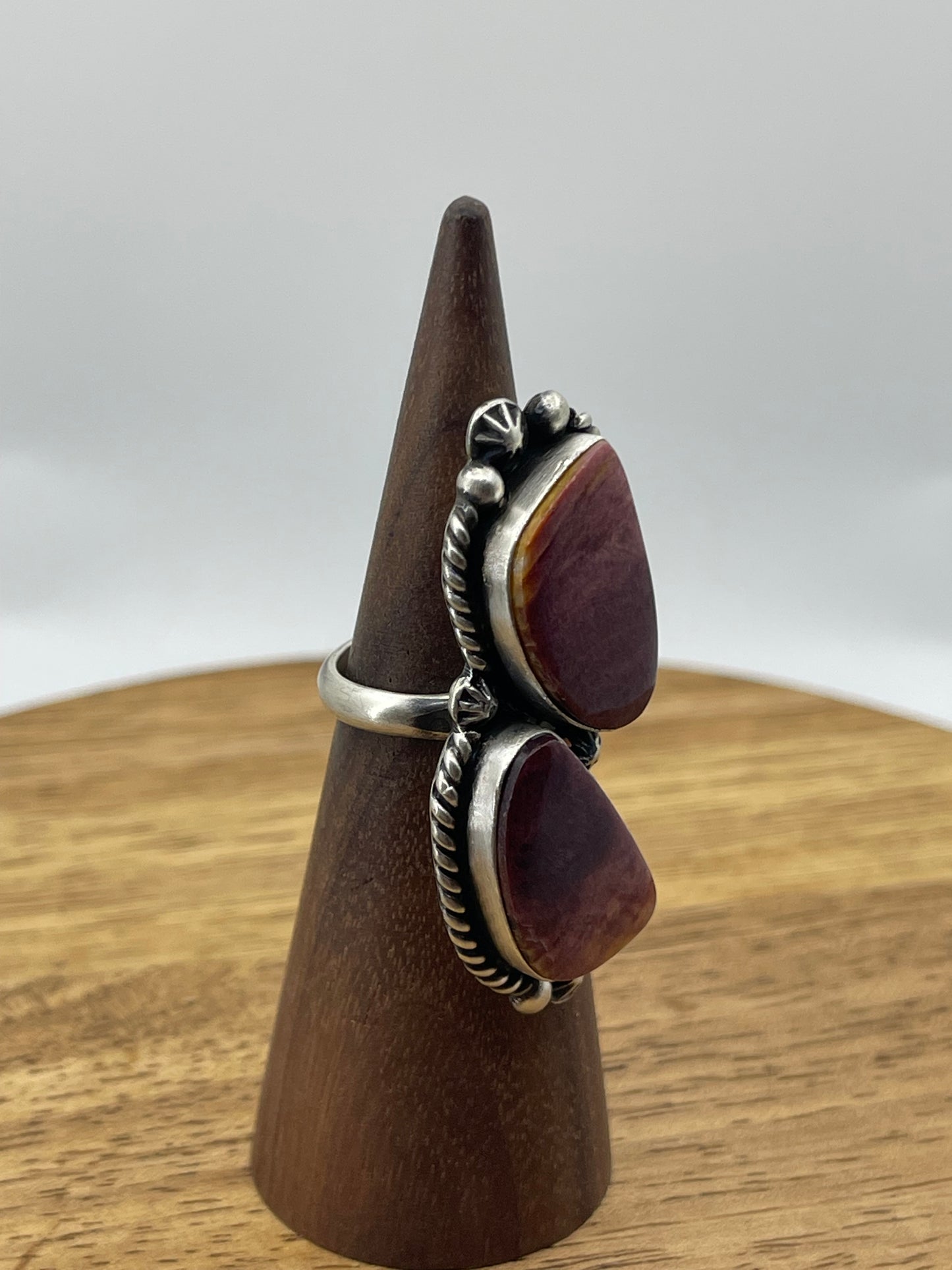 Adjustable 2 Stone Purple Spiny Oyster Shell ring by Eugene Belone, Navajo
