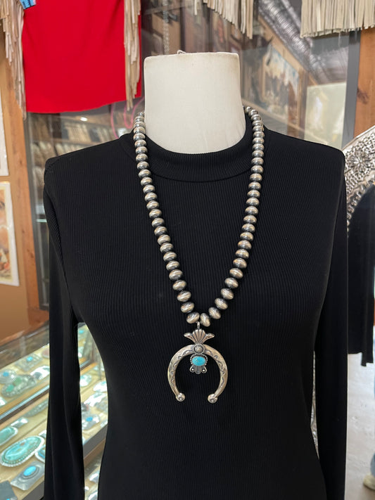 26" Turquoise Naja Pendant Necklace on 12mm Navajo Pearls