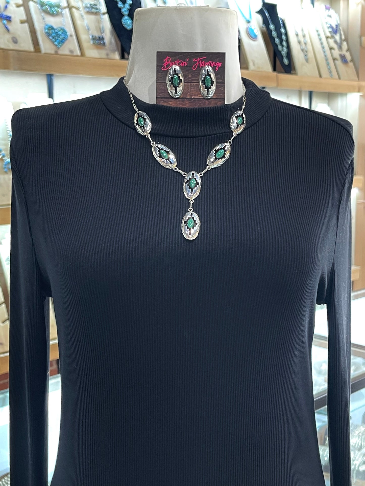 18" Green Malachite Shadowbox Lariat and Earring Set