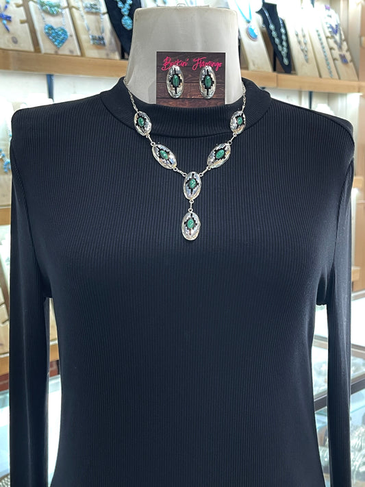18" Green Malachite Shadowbox Lariat and Earring Set