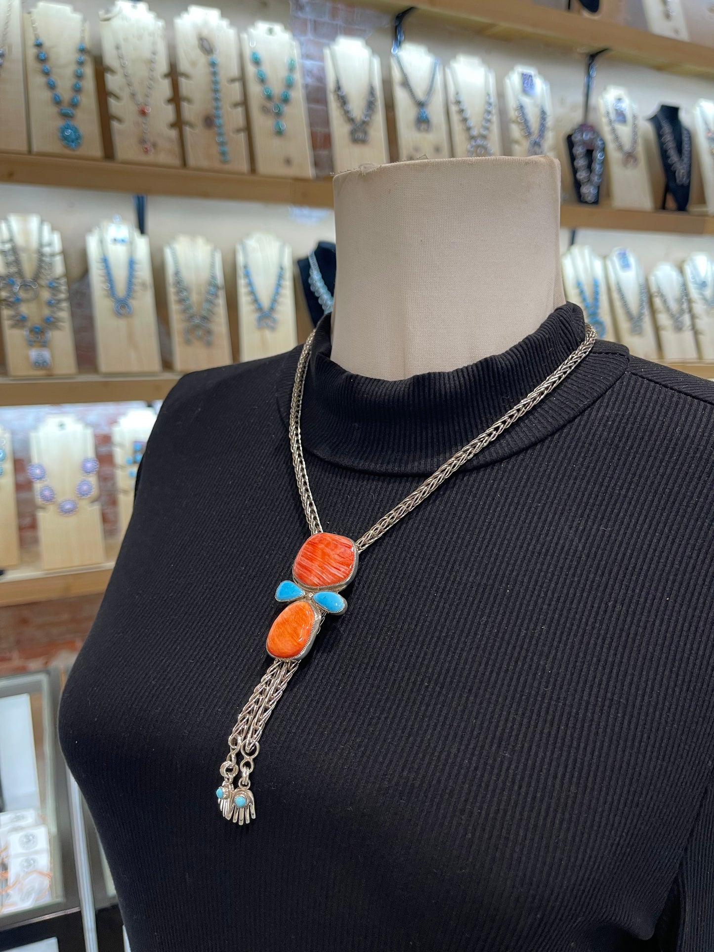 Handmade Chain 20”+3” Drop Bolo Tie Necklace W/Clasp Spiny Oyster & Turquoise by Smokey Gchachu, Zuni