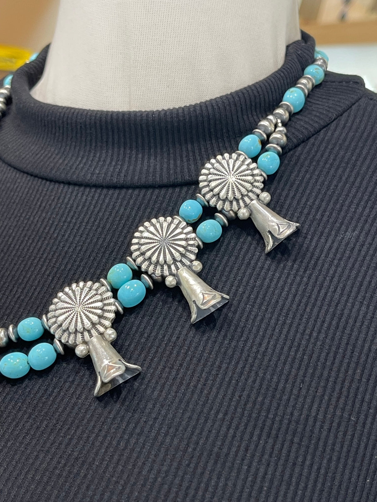 20" Squash Blossom with Sleeping Beauty Turquoise Nuggets & Conchos by Rita Largo, Navajo