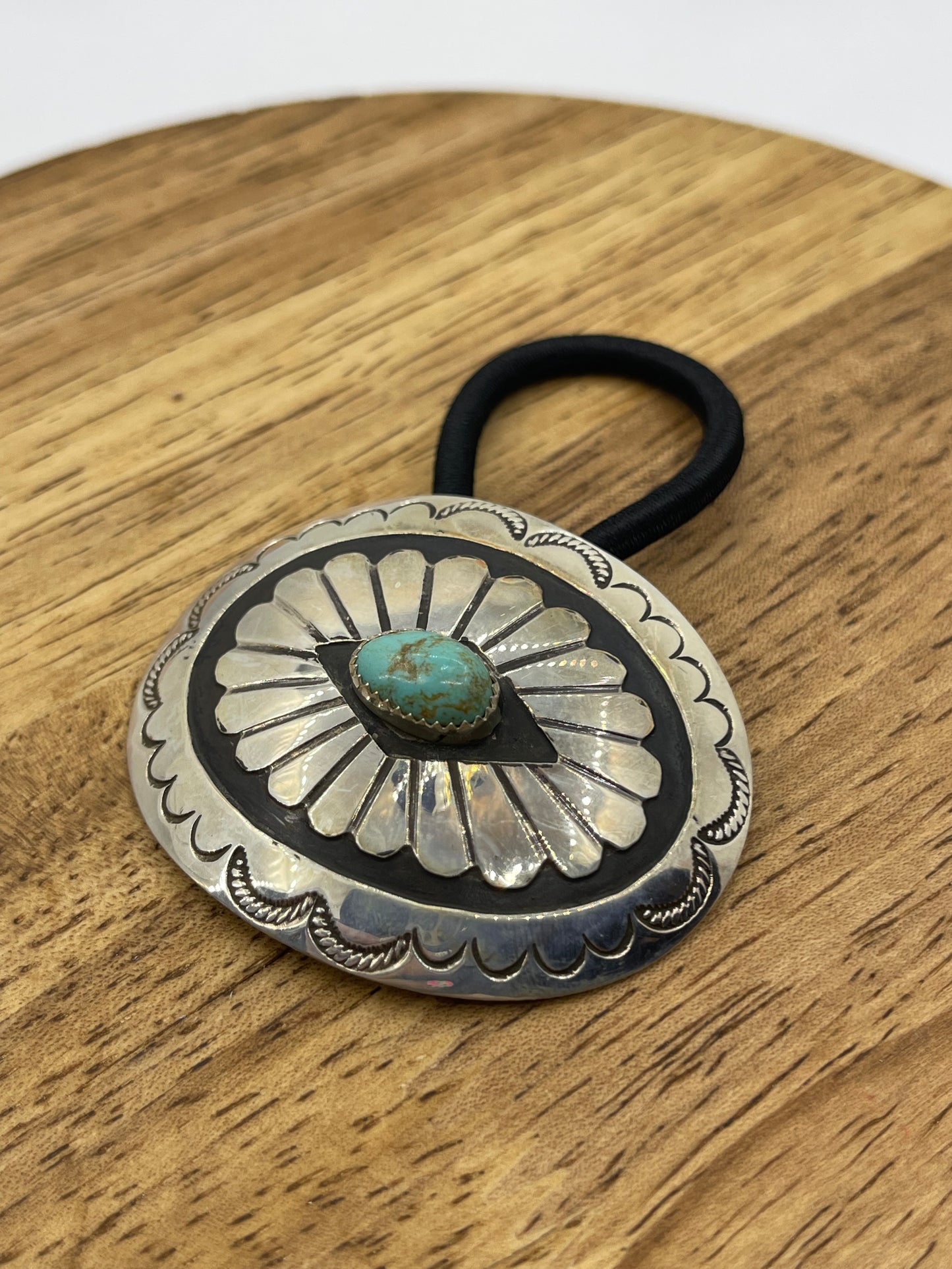 Large Concho Turquoise Ponytail Holder by Jolene Begay, Navajo (Stamping May Vary)