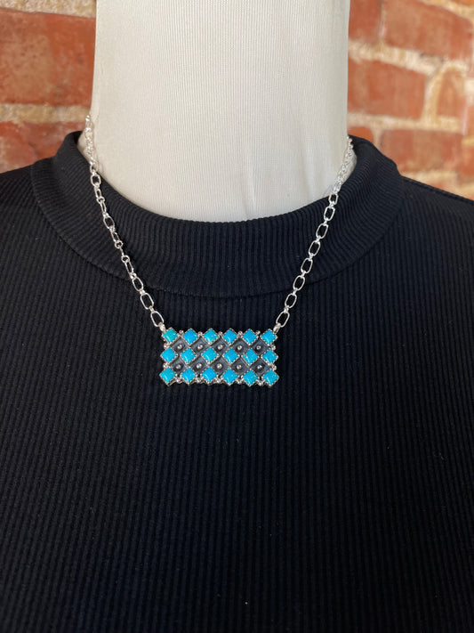 16" 18 Stone Turquoise Bar Necklace by Verley Betone, Navajo
