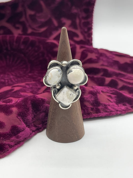 Adjustable 7.0 - 9.0 3 Stone White Buffalo Ring by Gilbert Nez, Navajo