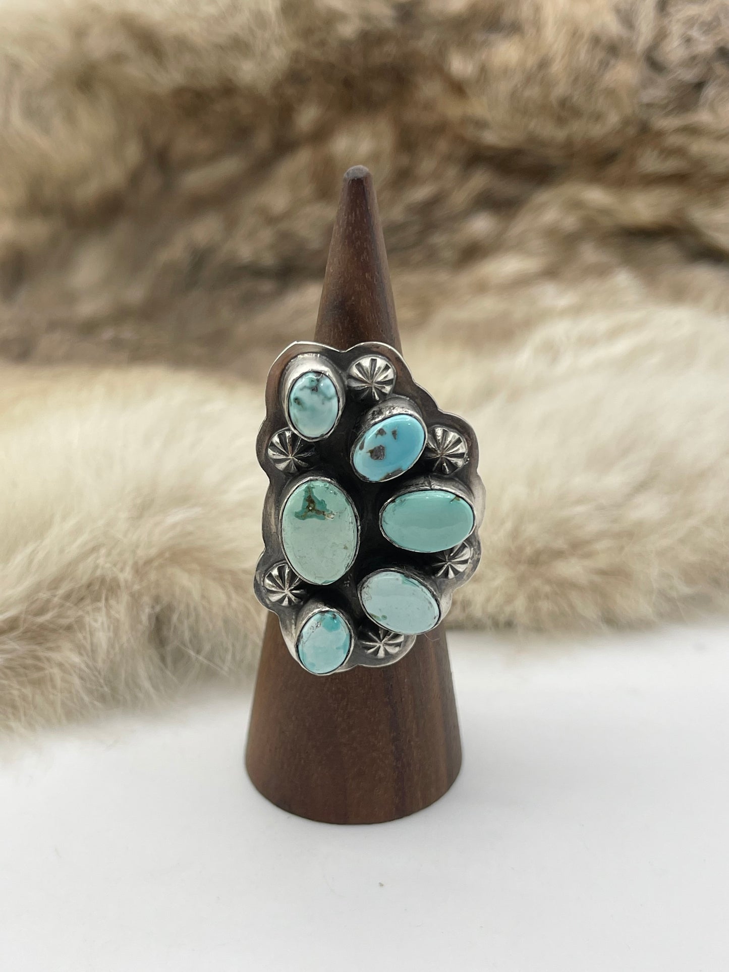 Adjustable Ring 7.0-11.0 Dry Creek Turquoise Half Cluster by Gabby Jurado, Mexican