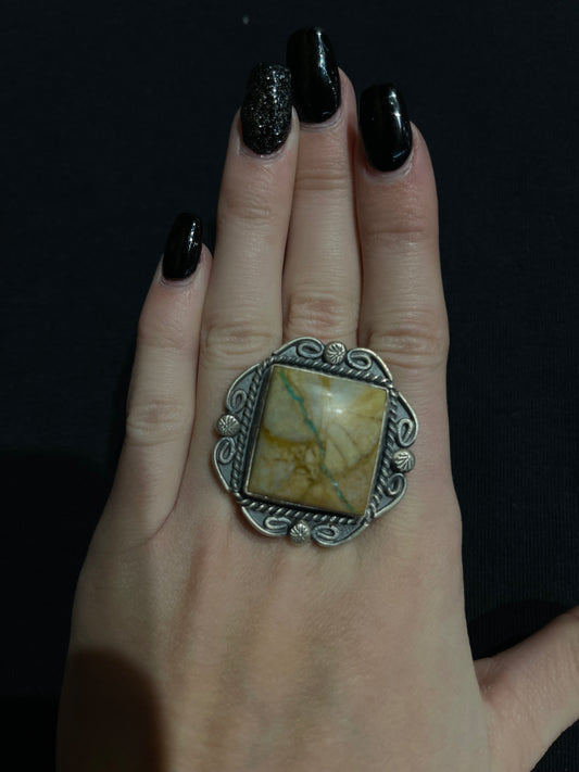 9.0 Boulder Ribbon Turquoise Ring by Gilbert Nez, Navajo