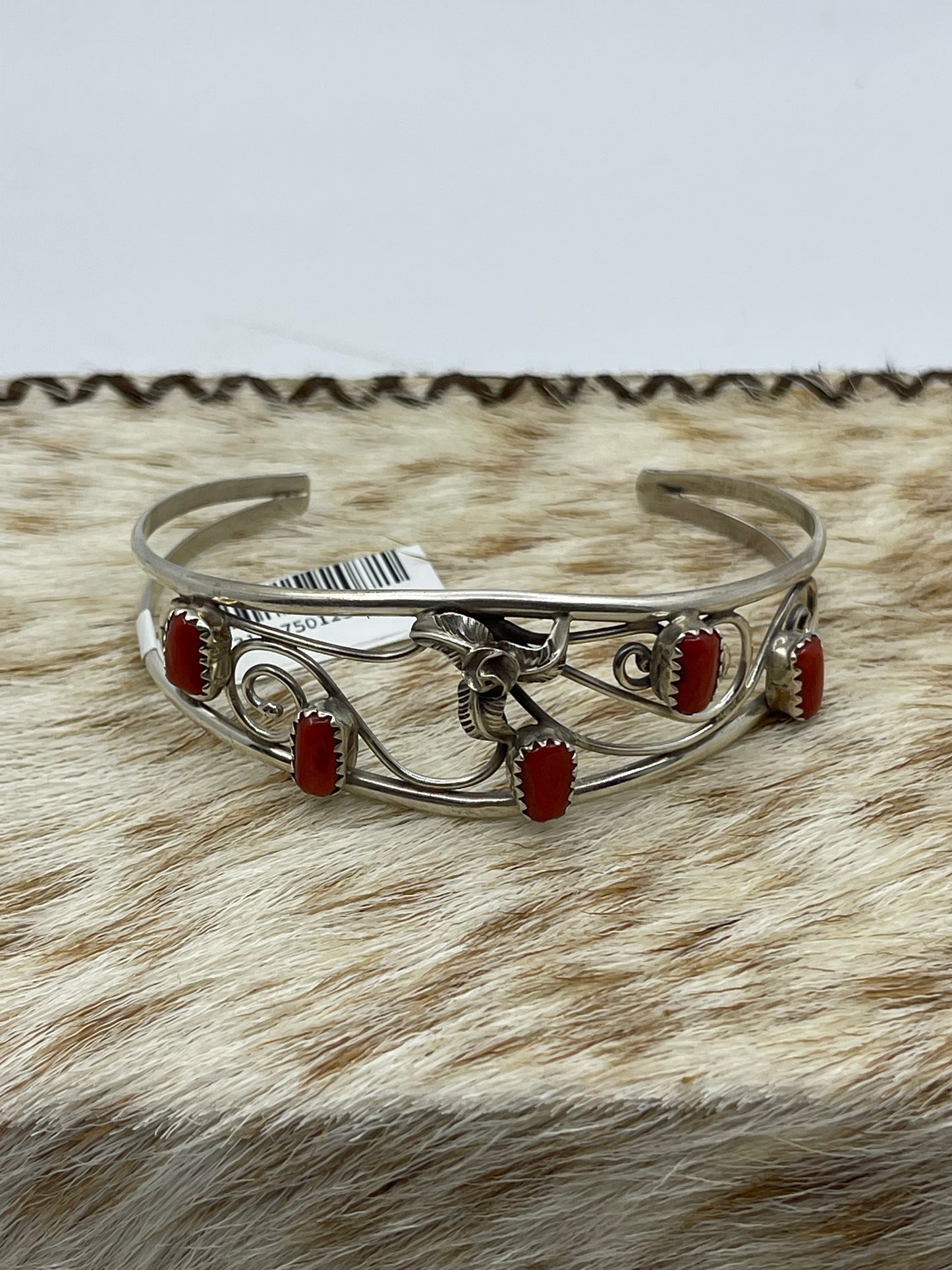 5 1/4" Red Coral 5 Stone Cuff by Carolynn Nez, Navajo
