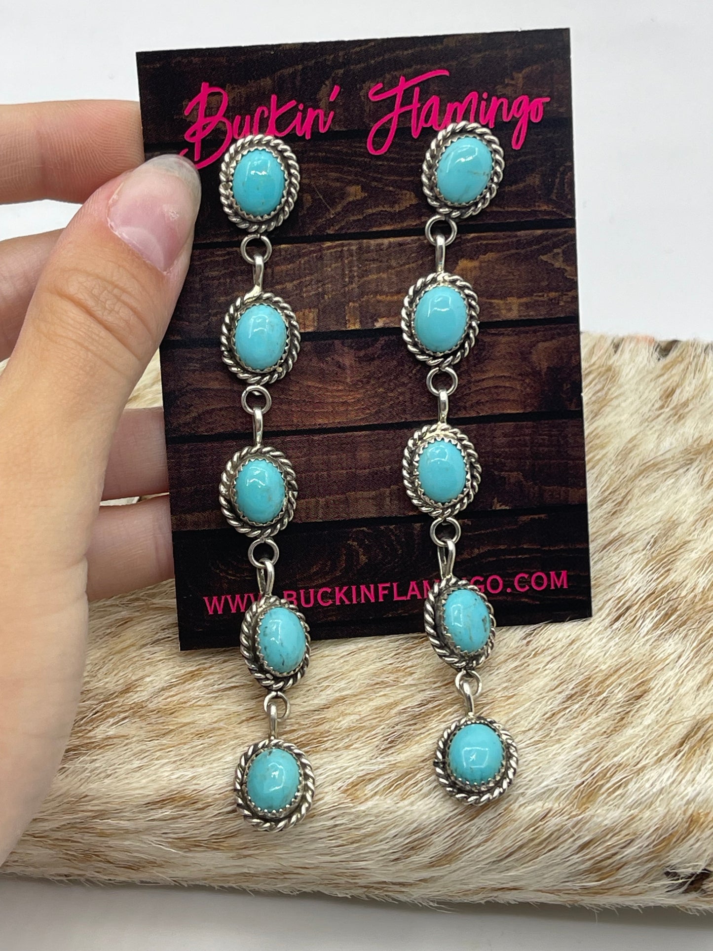 5 Stone Kingman Turquoise Post Dangle Earrings by Maxine Ramirez, Navajo