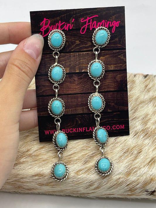 5 Stone Kingman Turquoise Post Dangle Earrings by Maxine Ramirez, Navajo